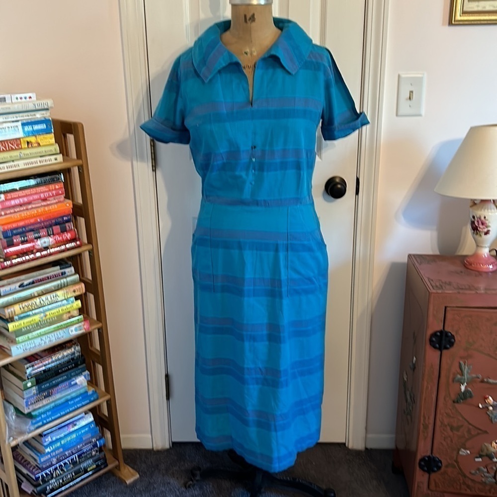 Vintage Turquoise blue stripe lightweight cotton short sleeve Shirt Dress